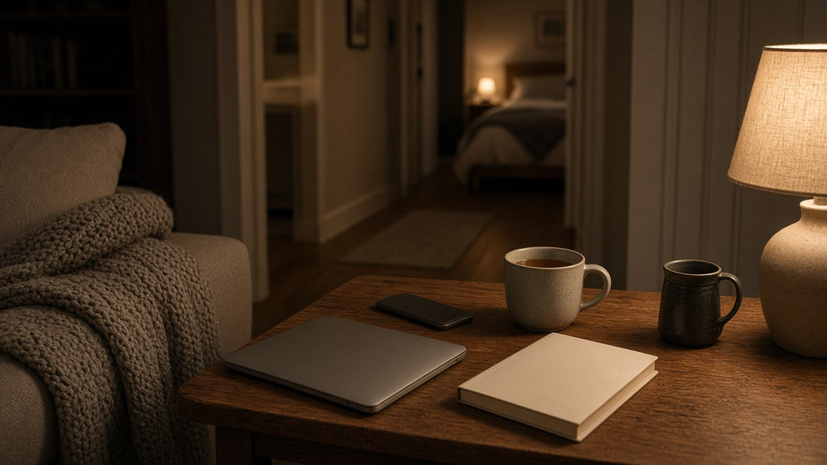 Quiet living room at night with a closed laptop, phone face down, tea and a book beside a glowing lamp, hallway to a softly lit bedroom