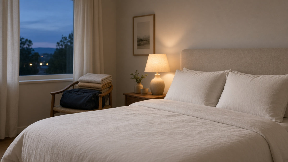 Calm bedroom at dusk with a made bed, white pillows and a glowing bedside lamp