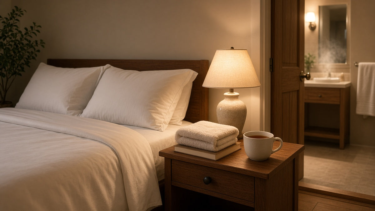 Cozy bedroom at night with a turned-down bed, glowing lamp, folded towel and a mug of tea