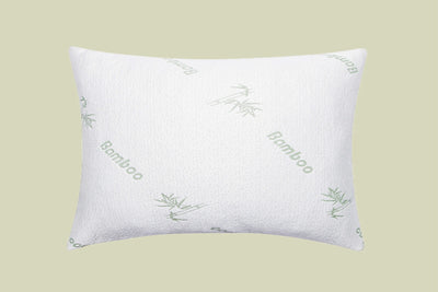 Recovery Pillows The Bamboo pillow, front view, white cover with green Bamboo print