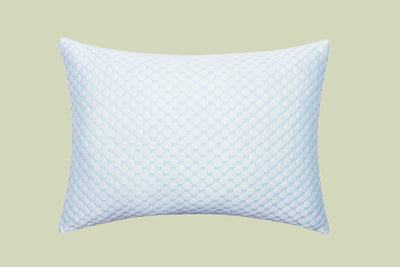 Recovery Pillows Ice Touch cooling pillow, front view, white and light blue cooling cover